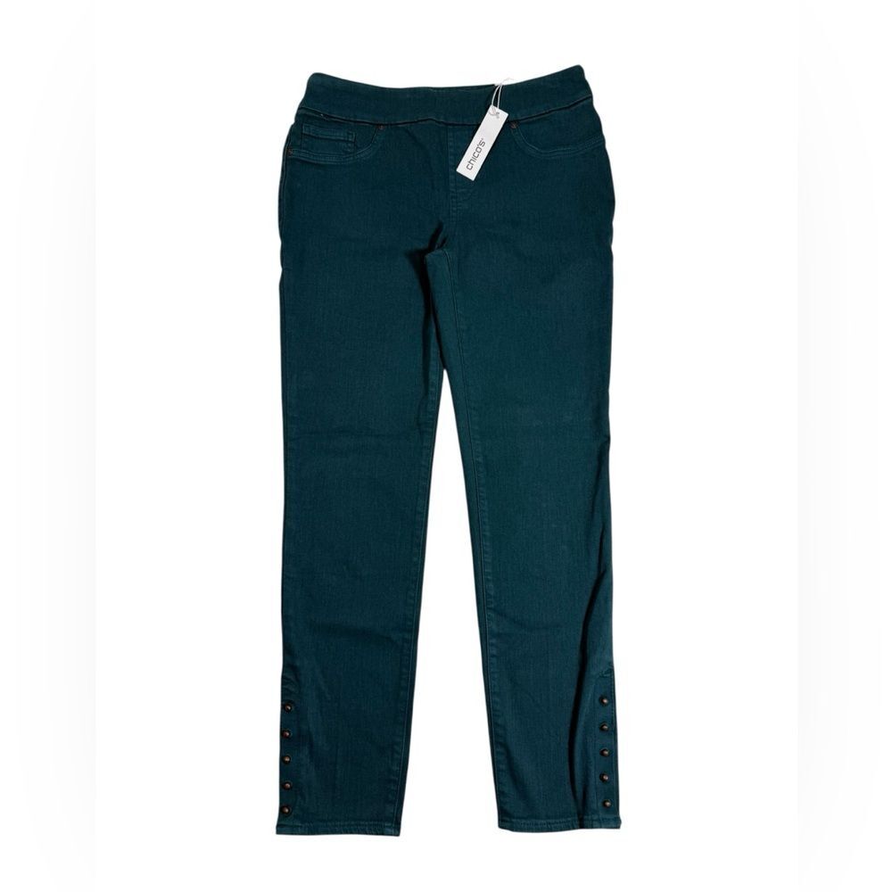 Chicos Women’s Jegging Ankle Jeans US Sz 2 Teal Pull On Stretch Stud Detail NWT